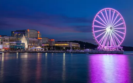 National Harbor shops and Capital Wheel at night - Waterfront things to do in Maryland near Washington, DC
