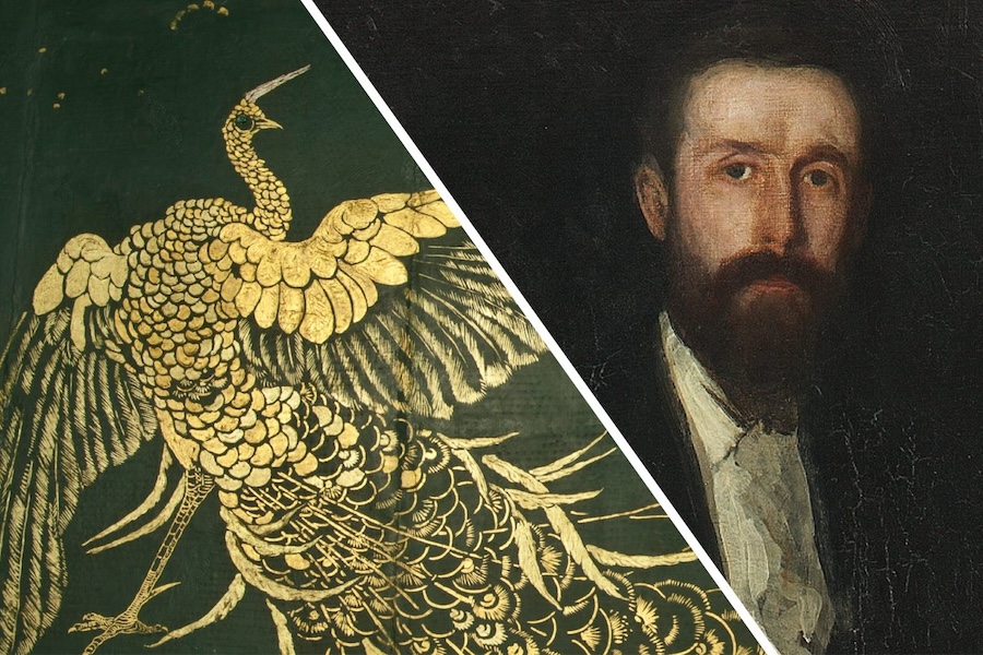 A composite image showing a detailed golden peacock illustration on the left and a portrait of a bearded man on the right, divided diagonally.