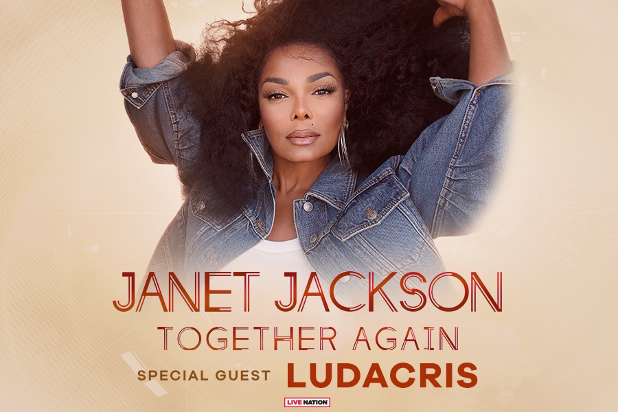 A concert poster for Janet Jackson's 'Together Again' tour featuring special guest Ludacris. Janet Jackson is shown with voluminous hair, wearing a denim jacket over a white top, with the event details below.