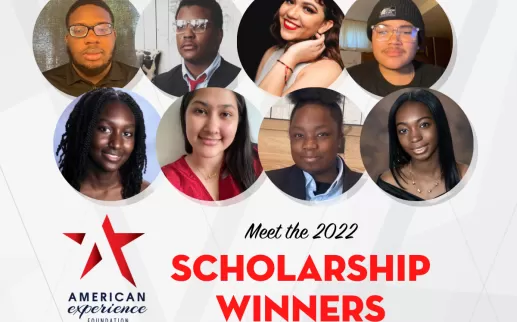 Eight smiling faces of Black, Latina, and Asian students with the text "Meet the 2022 Scholarship Winners"
